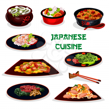Japanese cuisine traditional dinner cartoon icon with sticky rice, pork noodle, eel fish with vegetable, sea kale soup with tofu, teriyaki beef with mushroom, fried rice with meat, marinated ginger