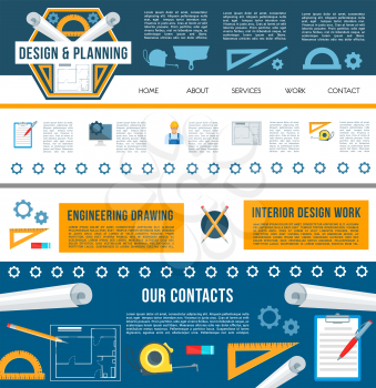 Building construction company landing page template for internet page, website design. Building design and home repair web banner with work tool and navigation menu buttons