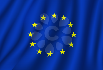 European Union flag vector on wavy fabric. Vector EU or Europe Council official flag and symbol of yellow gold stars and blue field background on flagpole