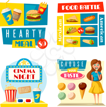 Fast food posters for cinema bar or fastfood cafe bistro. Vector flat design of woman girl with ice cream pizza delivery, burger or sandwich and hot dog or popcorn combo and Mexican burrito or taco