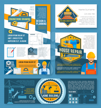 House construction and home repair banner template set. Construction site with equipment, builder and work tool spanner, drill, wrench, pliers, tape measure and drawing for business card, flyer design