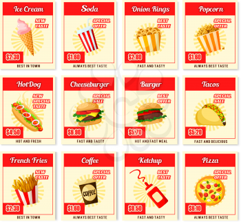 Fast food restaurant menu price cards templates for ice cream, soda or coffee drink, burger and hot dog or pizza and dessert. Vector sandwich, fries or taco and hamburger or donut and onion rings