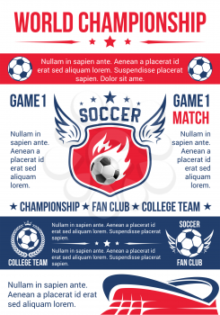 Soccer game championship match poster for football sport club template. Flaming soccer ball on winged shield with football stadium, champion laurel wreath and star for sporting banner design