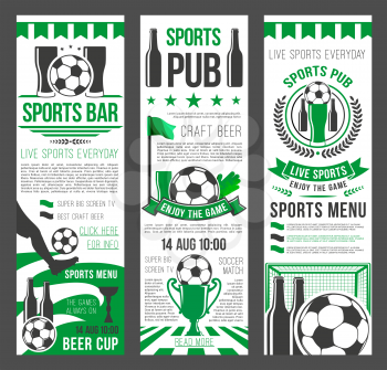 Sport bar invitation banner for football event template. Soccer ball, winner trophy cup and beer on football stadium field with player and gate, star and flag for sport pub advertising flyer design