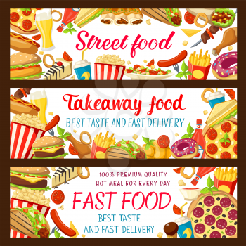 Fast food restaurant and street cafe banner set. Hamburger, cheeseburger and sandwich, pizza, fries, chicken and donut, soda, ice cream and popcorn, burrito and taco for fastfood takeaway menu design