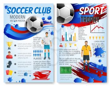 Soccer sport infographic with football team player and trophy statistic info. Chart and graph with football stadium field diagram and soccer ball, winner cup, referee card and sporting arena icons