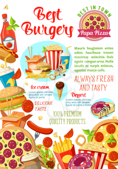 Fast food restaurant, burger cafe or pizzeria menu poster template. Hamburger, hot dog and pizza, fries, donut and soda, taco, popcorn and ice cream, chinese noodle box and nachos promo banner design