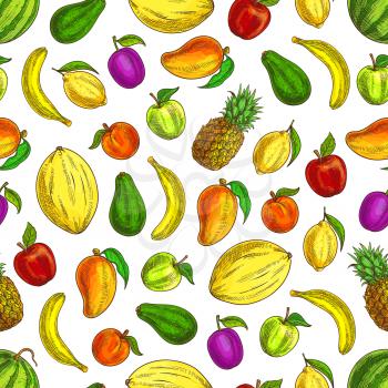 Fruits sketch icons in fruit pattern. Seamless background of fresh tropical, exotic and citrus fruits of mango, lemon, watermelon, banana, plum, apple, watermelon, avocado. Decorative fruits pattern