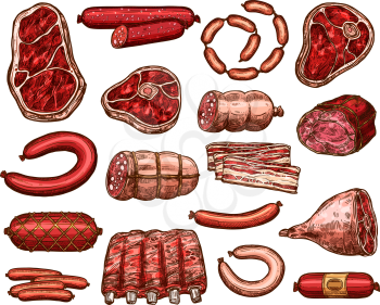 Fresh meat and sausage product sketch. Beef steak, pork sirloin and salami, ham, bacon and lamb ribs, barbecue sausage, pepperoni and bologna icon for restaurant grill menu and butcher shop design