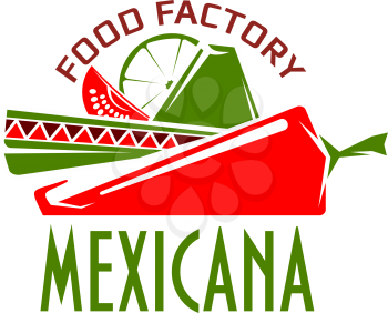 Mexican cuisine icon Mexicana for Mexico restaurant or traditional food cafe and menu design template. Vector isolated symbol of sombrero hat and red chili or jalapeno pepper, line and guava
