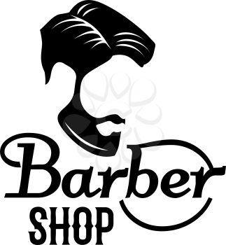 Barber shop icon design template of beard and mustaches and man head haircut black silhouette. Vector isolated symbol of retro barbershop or trendy hipster haircutter salon