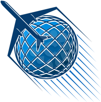 Airplane and blue world globe icon for aviation or air transportation and post mail logistics or delivery service and company. Vector isolated aircraft flying around earth with jets