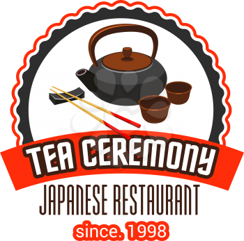 Teapot and ceramic tea pot cups icon for Japanese restaurant menu or tea ceremony of Japan cuisine. Vector design template or green or black tea with ribbon and Japanese chopsticks