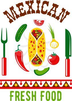 Mexican cuisine icon design template for Mexico restaurant or food cafe. Vector isolated symbol of Mexican chili or jalapeno red pepper, fork and knife and burrito or quesadilla tortilla