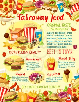 Fastfood food burger cafe takeaway menu design template for fast food restaurant bistro. Vector cheeseburger or hamburger and hot dog sandwich, donut cake and coffee or soda, pizza or fries
