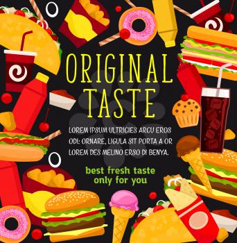 Fast food restaurant or cafe bistro poster or menu design template of burgers, sandwiches and desserts. Vector takeaway fastfood cheeseburger or hamburger and hot dog, donut cake and pizza