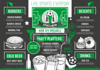 Soccer sports pub or bar menu design template for meal snacks and hamburgers. Vector live games championship beer pub menu for beer drinks of football ball or soccer cup con arena stadium