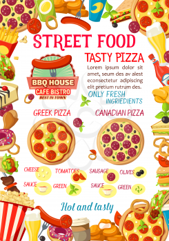 Fastfood or street food burgers cafe or pizza menu design template for fast food restaurant bistro. Vector cheeseburger or hamburger and hot dog sausage grill sandwich, fries and chicken wings or nuggets