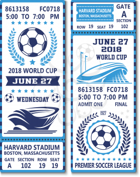 Soccer world cup 2018 tickets design template for football championship or international tournament. Vector 27 June admit tickets with soccer flags, ball and cup award laurel on arena stadium