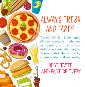 Fast food menu poster template for delivery or burger cafe and fastfood restaurant bistro. Vector design of pizza, cheeseburger or hamburger and hot dog sandwich, donut dessert and onion rings fries