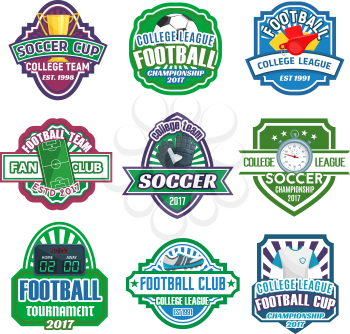 Soccer college league cup or football fan club championship icons set. Vector badges of soccer ball at arena stadium, victory cup and goal star on champion laurel wreath and crown for soccer team game