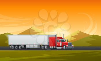 Trailer truck or long vehicle car transport on road with mountain nature landscape. Vector background design template for transporting or logistics delivery or international transportation company