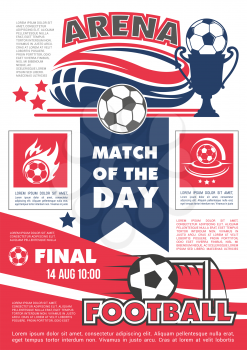Soccer match or championship cup football game of national team league team. Vector poster of soccer ball and goal, flags on arena stadium, football winner cup for tournament announcement