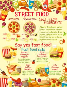 Fast food meals or street food snacks poster for fastfood restaurant menu template. Vector combo sandwiches, fries or hamburger and cheeseburger, hotdog or pizza and ice cream or donut dessert