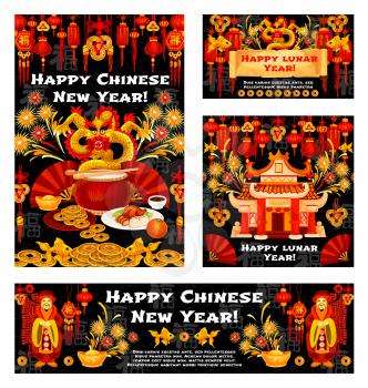 Happy Chinese New Year greeting cards, banners and posters of traditional lunar year holiday decorations and symbols. Vector golden dragon lanterns and gold coins on hieroglyph pattern background