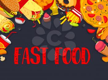 Fast food restaurant of bistro cafe poster design template for burgers, pizza and hot dog sandwiches takeaway or delivery. Vector fastfood meals of cheeseburger, hamburger and popcorn or ice cream