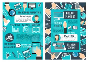 Serch and analytic infographic design. Web analytics design, statistics, ratings and content concept. Web analytics, data, information analysis, premium content, project planning etc