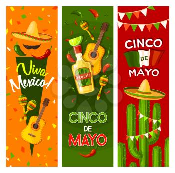 Cinco de Mayo fiesta party greeting banner for mexican holiday celebration. Flag of Mexico, sombrero and maracas, chili pepper, tequila margarita and guitar, cactus and jalapeno for invitation design