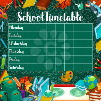 School timetable or weekly lesson schedule design on green chalkboard background. Vector school bag, education stationery supplies of chemistry book, biology microscope or geography globe and ruler