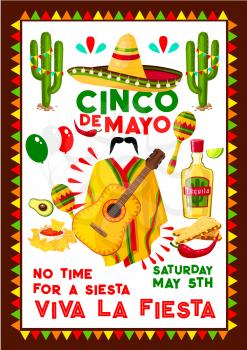 Cinco de Mayo Mexican party poster for Mexico national holiday celebration fiesta. Vector design of traditional Mexican sombrero, guitar and cactus tequila or poncho and Mexican flag balloons