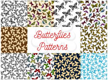 Butterfly seamless pattern background of flying tropical butterfly, monarch and moth. Insect background set for nature, ecology and wildlife themes design