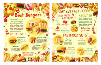 Fast food posters of sandwiches and burgers for fastfood restaurant or bistro menu template design. Vector pizza, cheeseburger or hot dog and taco or burrito snack, fries and coffee or soda drink