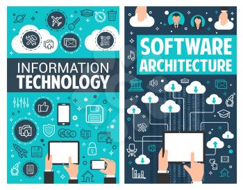 Information technology and software architecture infographic design. Technology infographic vector. Human hand and mobile phone, vector icons. Smartphone details, floppy disk, key, bin, magnifying glass etc