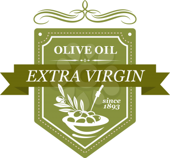 Badge with symbol of olives in green colors. Design for branding olive oil production plant. Extra virgin production sign. Logotype agriculture and food producers. Image for label on bottle.