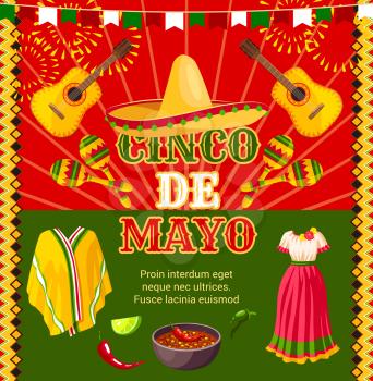 Cinco de Mayo Mexican holiday fiesta celebration greeting card of traditional sombrero and Mexican boho dress or poncho, guitar and maracas. Vector jalapeno pepper and mole for Cinco de Mayo party