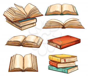 Colored books set. Open book with empty pages. Concept for education and study, knowledge and school. Set of book icons isolated on white background. Reading books and literature concept