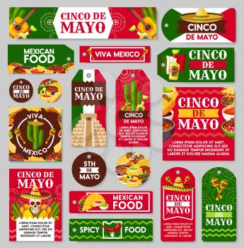 Mexican Cinco de Mayo holiday tag and label set. Fiesta party sombrero hat, maracas and chili pepper or jalapeno, tequila margarita, cactus and Mexico flag, food and guitar for greeting card design
