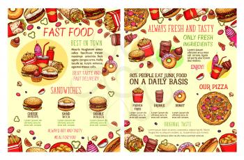 Fast food meals burgers and sandwiches or desserts sketch menu poster for fast food restaurant or cafe menu. Vector fastfood cheeseburger or ice cream and donut dessert combo, hamburger and popcorn