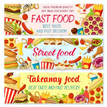 Fast food burgers restaurant or street food cafe banners of cheeseburger or hamburger and hot dog sandwich, donut cake and coffee or soda, pizza and fries. Vector design for fastfood bistro takeaway menu