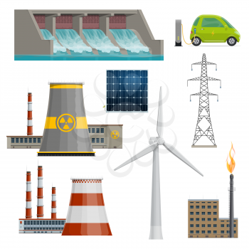 Power stations or energy production plants icons. Vector isolated flat set of electricity energy and powerhouse operating by coal, nuclear or water and wind or solar energy generation sources