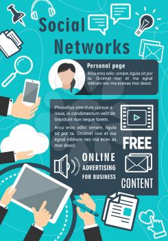 Social network vector poster for internet communication and personal data protection or technical support. Vector design for information technologies system of communication and reliable data storage