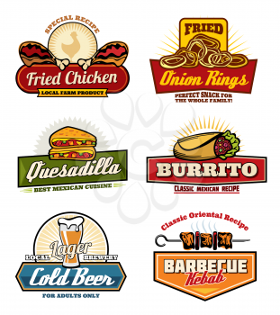 Fast food icons for cinema bistro bar or fastfood restaurant snacks menu. Vector set of fried chicken bbq, on onion rings and Mexican quesadiila or burrito and drinks for fastfood delivery or takeaway