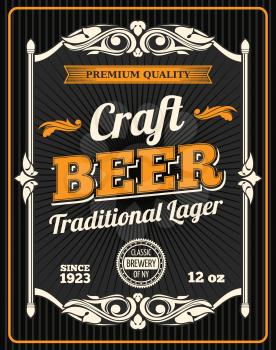 Craft beer retro poster for draught beer bar or sport pub and Oktoberfest design. Vector beer product bottle package tag for traditional lager craft beer with quality sign