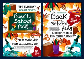 Back to school party poster with school supplies and autumn leaf frame. Chalkboard with pencil, book, ruler and paint, calculator, microscope and backpack cartoon banner for invitation flyer design