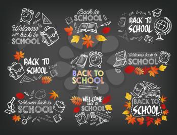 Back to School education stationery and lesson supplies icons. Vector set of school bag, chemistry book or biology microscope or geography globe, pencil or ruler and paint brush on chalk blackboard