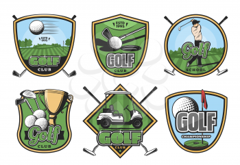 Golf sport club retro badges set. Golfer player on green golf course vintage icon with club, ball and hole, flag stick, cart and champion trophy cup for sport tournament or competition design